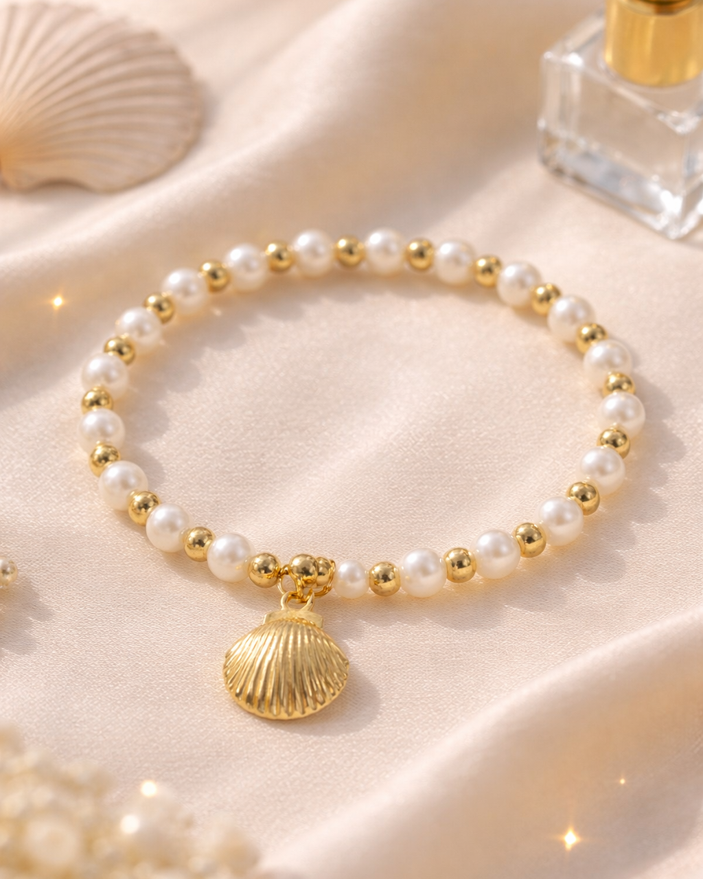 Pulsera Perlas + Concha Dorada Acero Inoxidable Quirúrgico 🐚✨