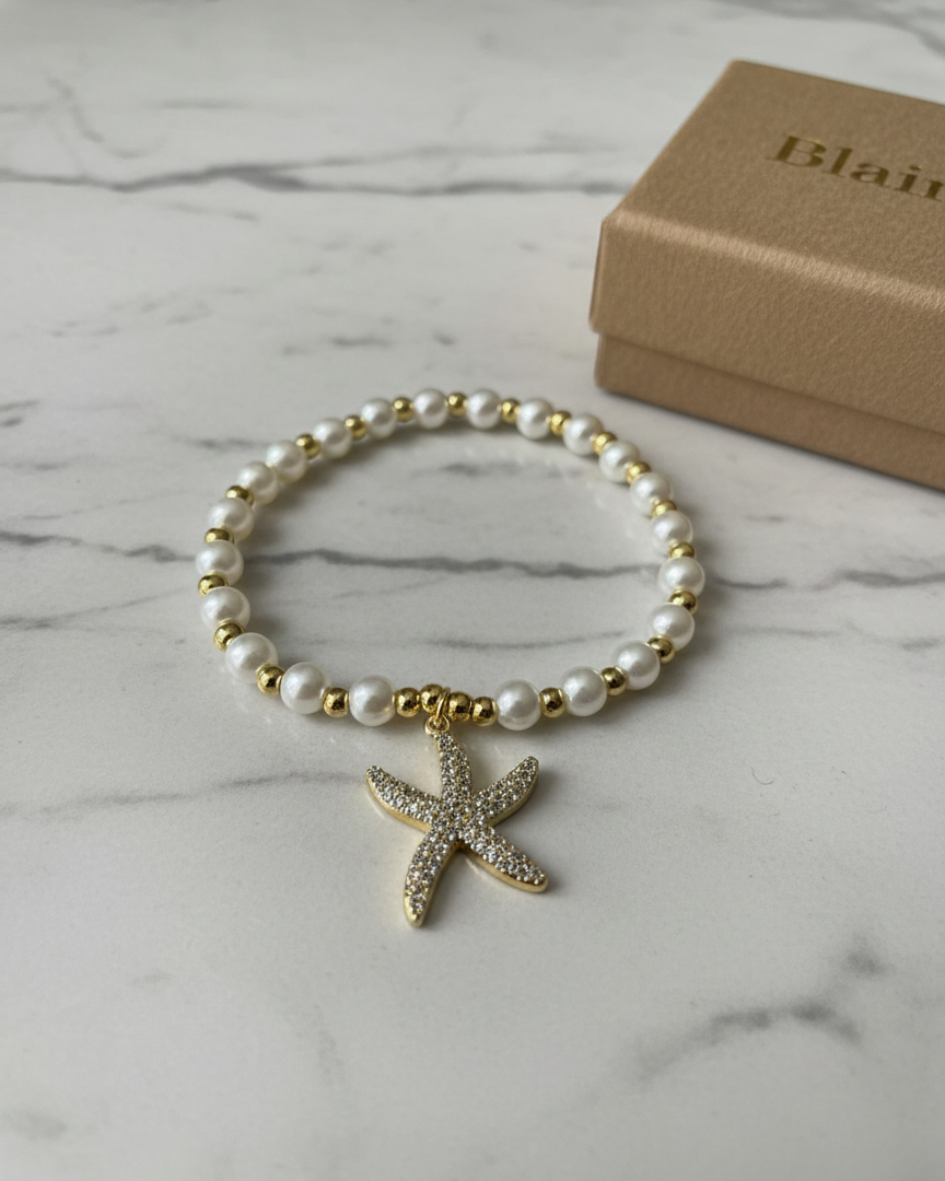 Pulsera Perlas + Estrella de Mar - Acero Inoxidable Dorado ✨
